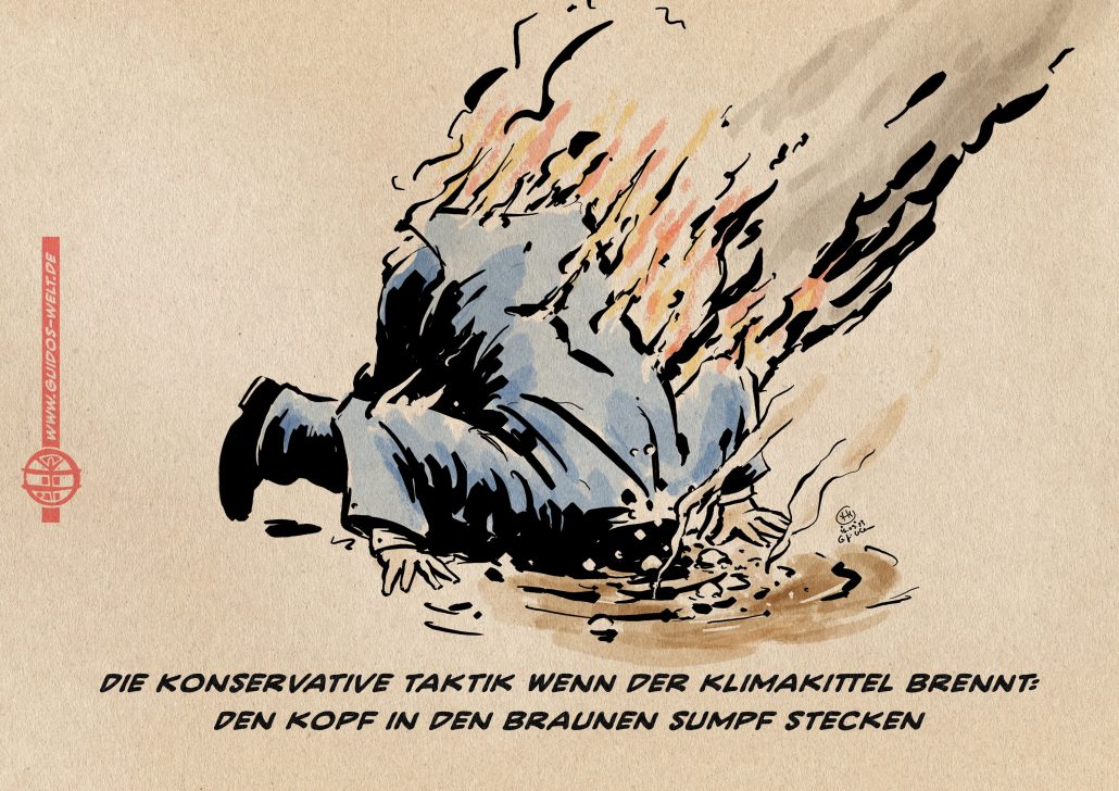 Illustration mann mit brennendem Sakko steckt Kopf in braunen Sumpf. Textzeile: Die Konservative Taktik Wenn der Klimakittel brennt: Den Kopf in den braunen Sumpf stecken