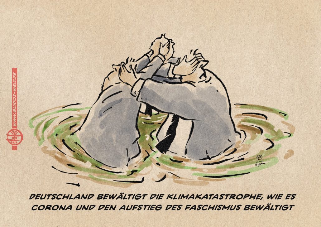 Illustration: Drei Männer stehen im Wasser und halten sich gegenseitig von hinten die Augen zu. Textzeile: Deutschland bewältigt die Klimakrise, wie es Corona und den Aufstieg des Faschismus bewältigt.