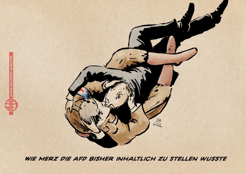 Illustration: Wir sehen von oben zwei Männer sich innig küssend umschlungen. Textzeile: Wie Merz die AfD bisher inhaltlich zu stellen wusste.