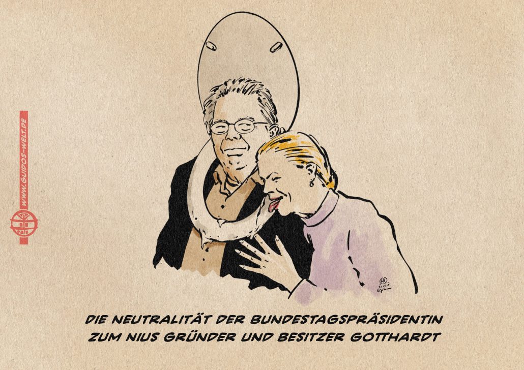 Illustration von Klöckner die verliebt an einer schmutzigen, triefenden Klobrille leckt, welche der NIUS Gründer Gotthardt um den Halt trägt. Textzeile: Die Neutralität der Bundestagspräsidentin zum NIUS Gründer und Besitzer Gotthardt