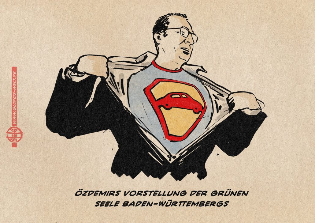 Illustration von Cem Özdemir in Superman-Art sich Sakoo und Hemd aufreißend ein Super-Trikot enthüllend, auf dessem Brust ein Auto als Suoerman-Logo prangt. Textzeile: Özdemirs Vorstellung der Grünen Seele Baden Württembergs