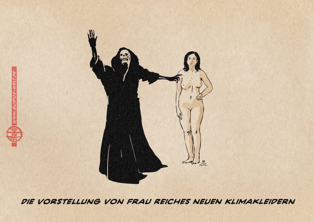 Illustration des Todes, der Frau Reiches neues Gewand ausruft. Frau Reiche ist nackt. Textzeile: Die Vorstellung von Frau Reiches neuen Klimakleidern.