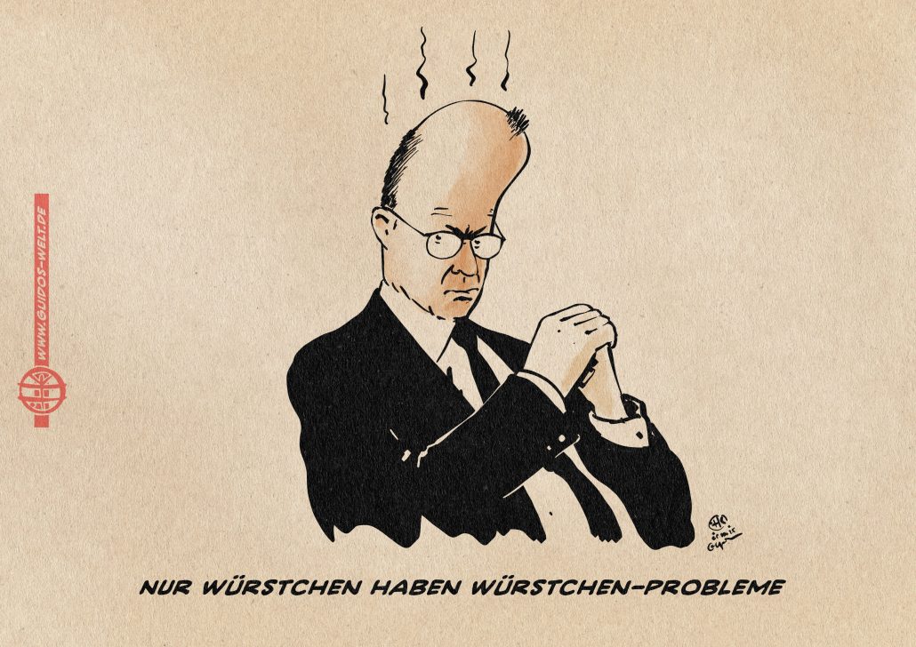 Illustration von Merz als grollendes Würstchen. Textzeile: Nur Würstchen haben Würstchenprobleme