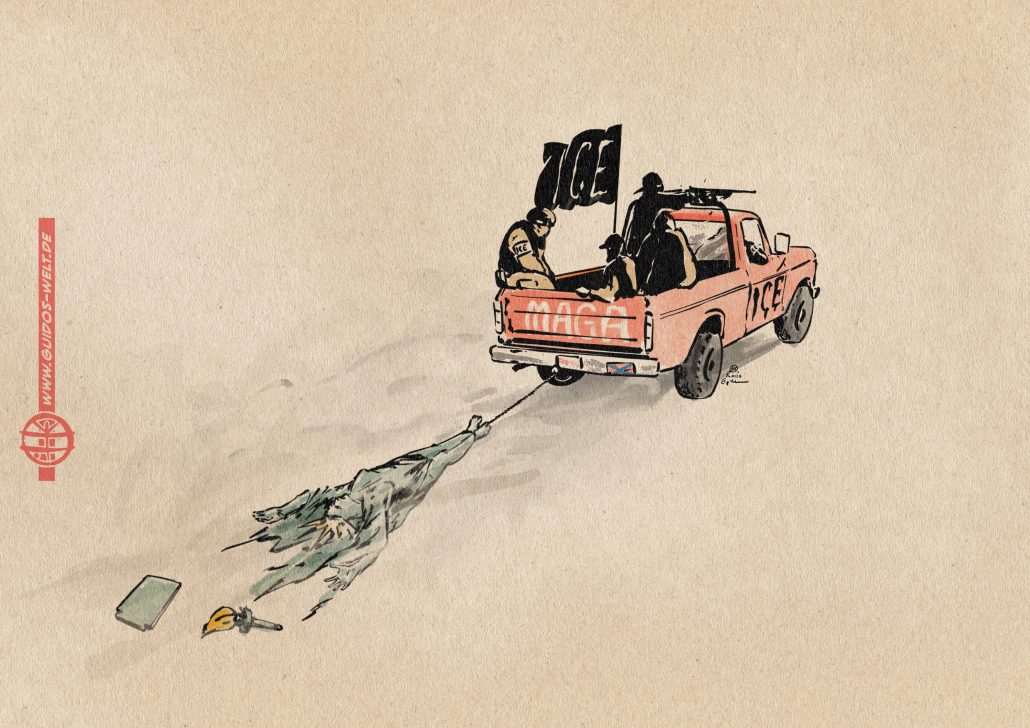 Illustration of helpless Lady Liberty lying on her back, dragged behind a pickup. The pickup is red, marked with MAGA and ICE, sporting a black ICE flag, and with ICE agents sitting on it.